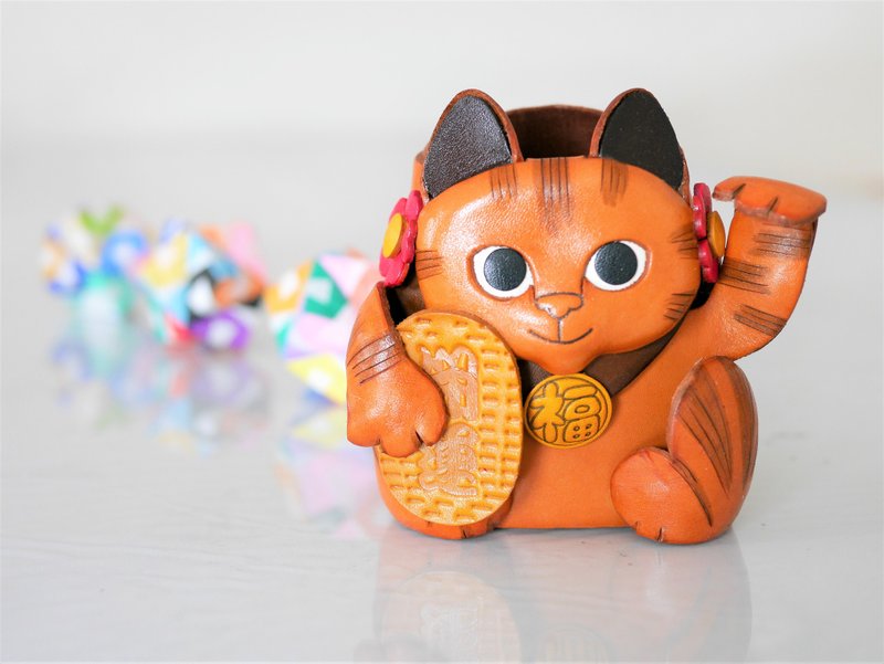 招き猫　本革メガネ小物スタンド　手作り革雑貨　インテリア　VANCA - 筆筒/筆座 - 真皮 咖啡色