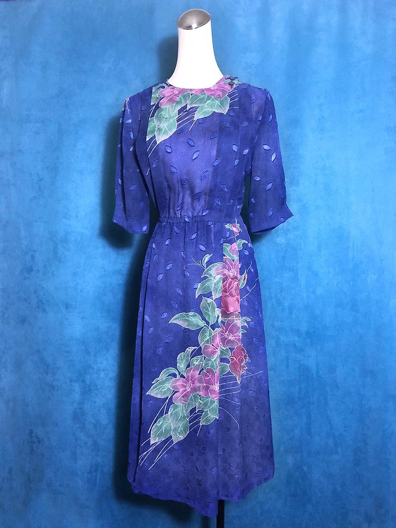 藍紫色花卉織紋輕古董洋裝/ 國外帶回 VINTAGE - 連身裙 - 聚酯纖維 藍色
