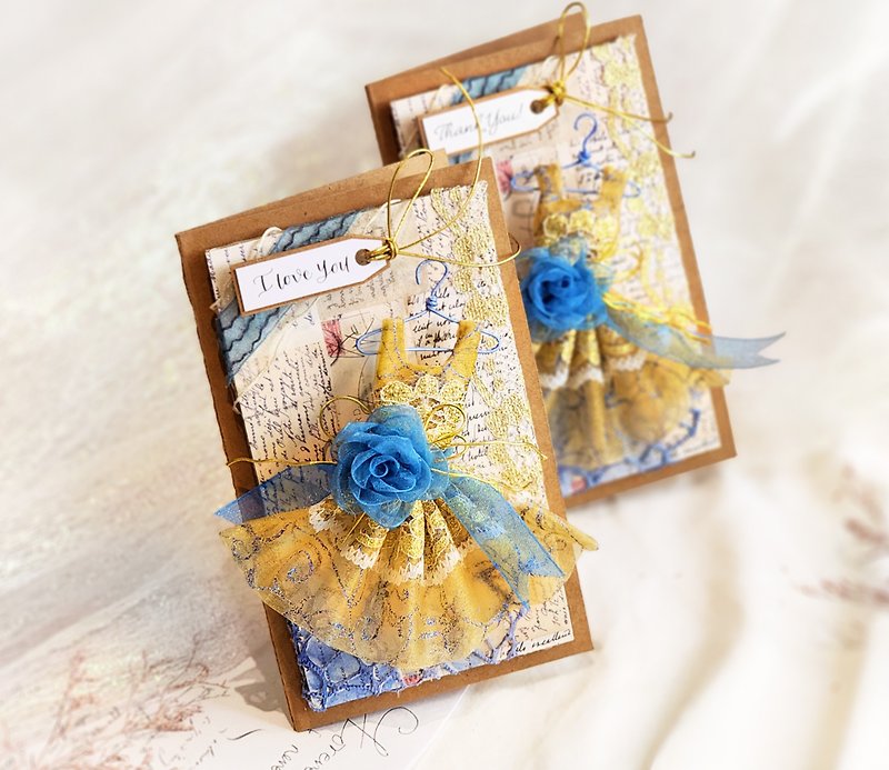 Magical Blue Rose on a Shining Golden Dress Handmade Card (In Gift Box) - Cards & Postcards - Paper Gold