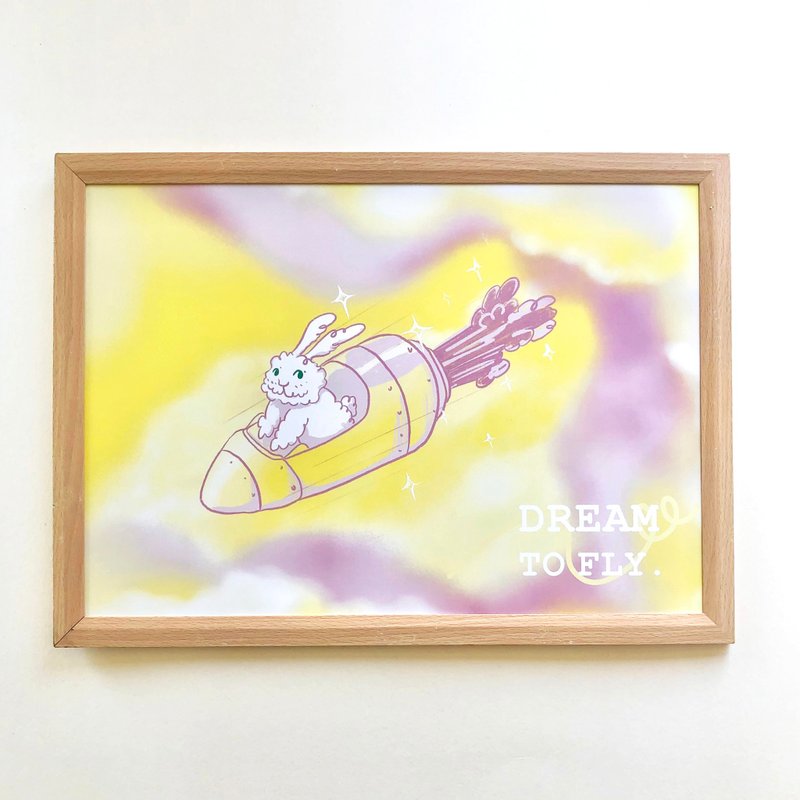 Curly Rabbit Dream To Fly | A3 Poster - Frameless - โปสเตอร์ - กระดาษ สีเหลือง