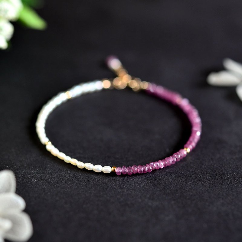 Original high quality pink sapphire and petit pearl bracelet September/June birthstone - Bracelets - Other Metals Pink