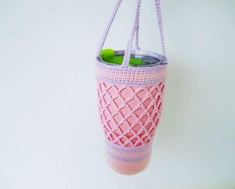 Romantic pink basket empty pure cotton hand crochet bag eco bag water bottle bag - ถุงใส่กระติกนำ้ - ผ้าฝ้าย/ผ้าลินิน สึชมพู