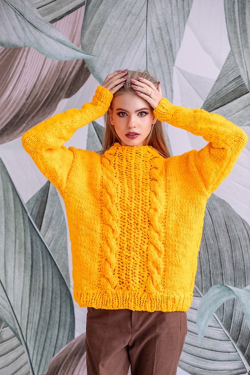 Knittessa Yellow Oversize Jumper Sweater. Hand Knitted. High-quality handmade.