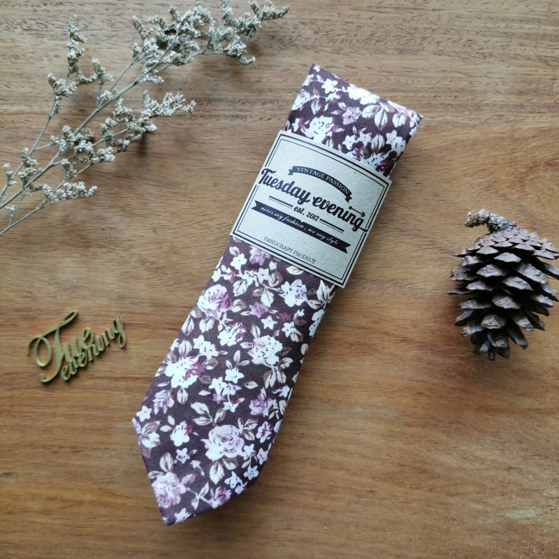 Necktie Dark Brown Floral - 領帶/領帶夾 - 棉．麻 咖啡色