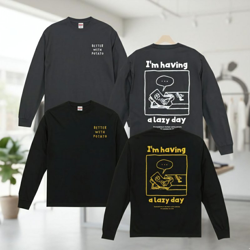 【Pinkoi 線下活動預購商品】薯條君長袖T恤 a lazy day - 男 T 恤 - 棉．麻 黑色