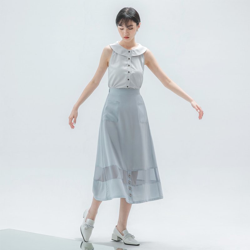 Trickle_Trickle_Different Material Splicing Skirt_20SF252_Light Gray Blue - Skirts - Polyester Blue