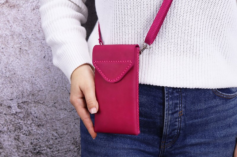 Leather Crossbody Mobile Phone Bag / Handmade Leather iPhone Belt Case - Phone Cases - Genuine Leather Pink