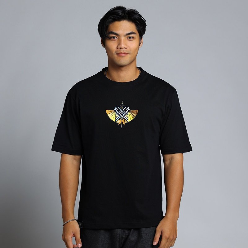 【トーテムシリーズ】運命の使者 刺繍ワイドバージョン 5分袖ユニセックスT - Tシャツ メンズ - コットン・麻 ブラック