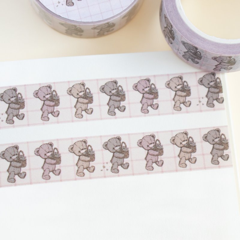 Washi tape - Teddy bear with flower basket - มาสกิ้งเทป - พลาสติก สีนำ้ตาล