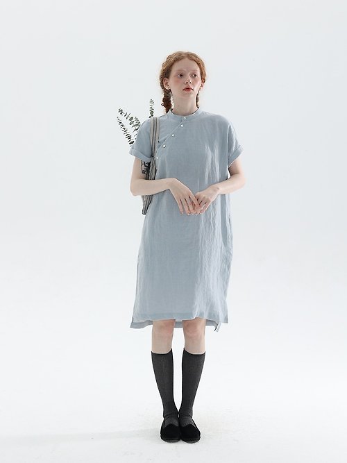 豆屋製 衣 改良中式旗袍 色織亞麻短袖洋裝 霧霾藍