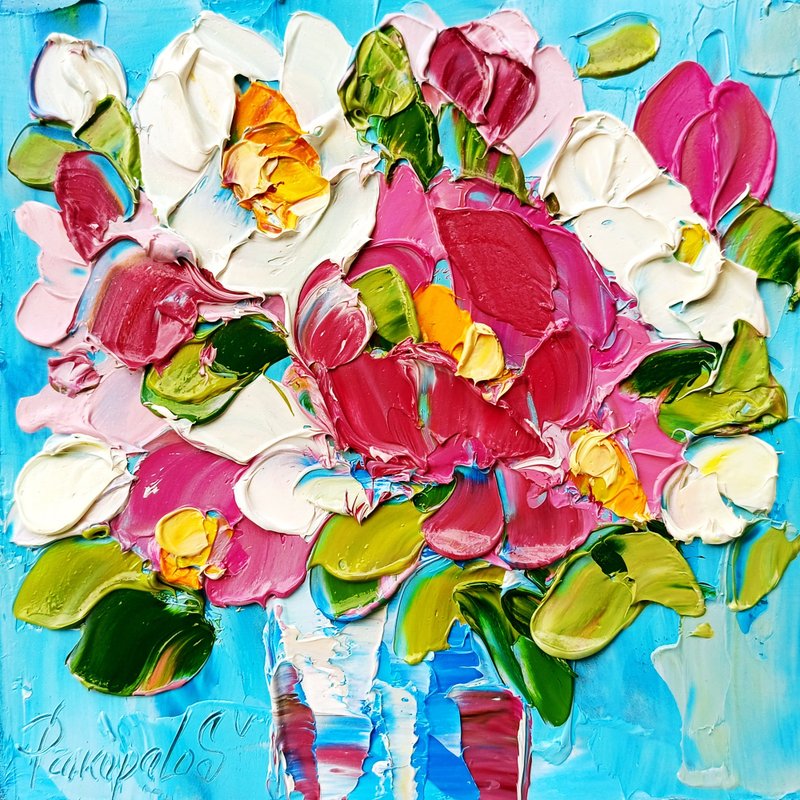 Peony Painting Peonies Original Art Floral Oil Painting Flowers Small Wall Art - ตกแต่งผนัง - วัสดุอื่นๆ สึชมพู