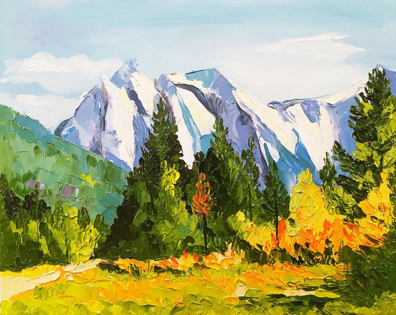 Landscape Autumn Mount Rainier National Park oil painting original oil painting - 壁貼/牆壁裝飾 - 其他材質 多色