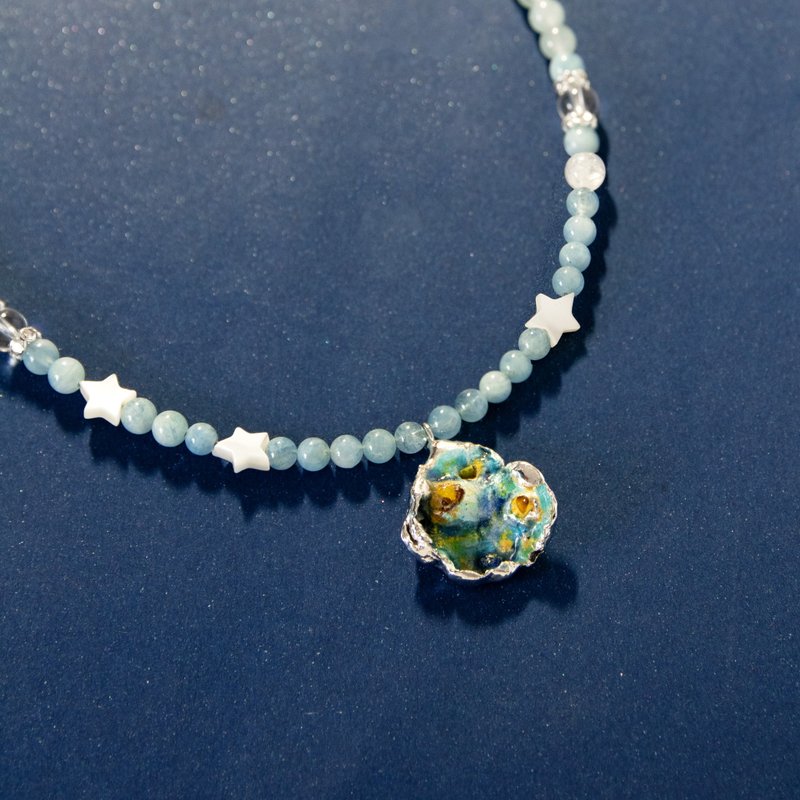 Gemstone Galaxy Sterling Silver Enamel Aquamarine Necklace Starry Sky Series - แหวนทั่วไป - วัตถุเคลือบ สีน้ำเงิน