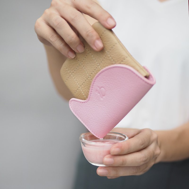 Waffle (Strawberry mousse) : Mini coin purse, softpink purse - Coin Purses - Genuine Leather Pink