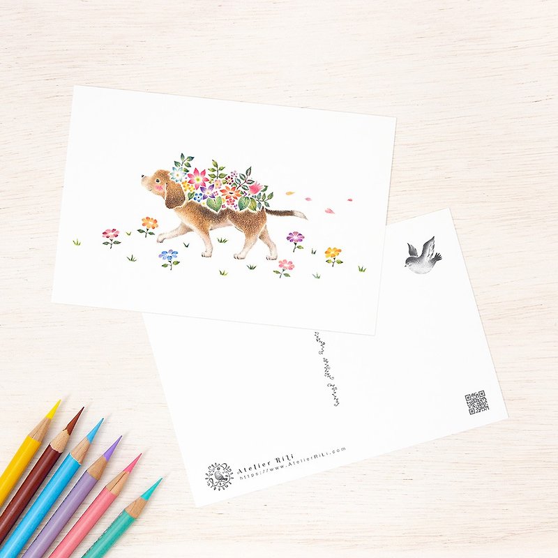 Set of 5 pieces. Like a picture book. Postcard "Cello of a dog with flowers" PC-310 - การ์ด/โปสการ์ด - กระดาษ สีนำ้ตาล