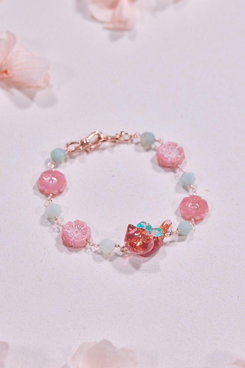 蹲坐小貓咪 琉璃花珠 天然石 手鍊 手環 - 手鍊/手環 - 水晶 紅色