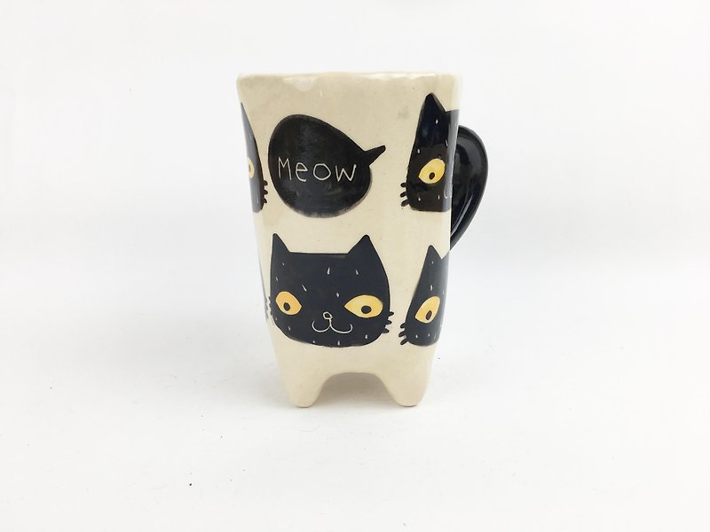 Nice Little Clay handmade cup _ full black cat head meow on the 0110-05 - Mugs - Pottery White