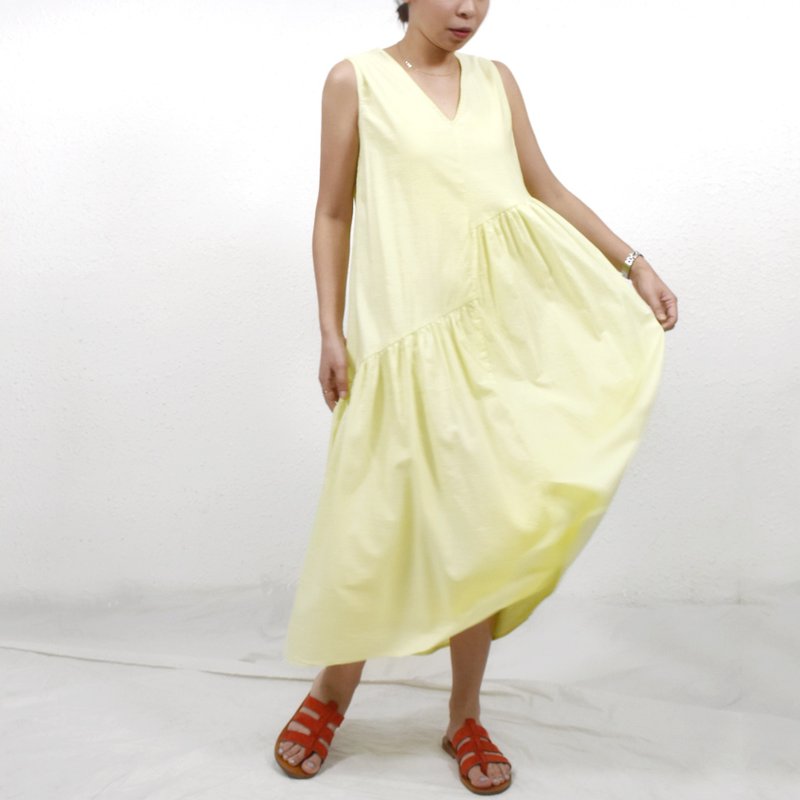 Charlotte Dress- Citrus Lemon V領無袖寬鬆A形連衣裙 - 洋裝/連身裙 - 棉．麻 黃色