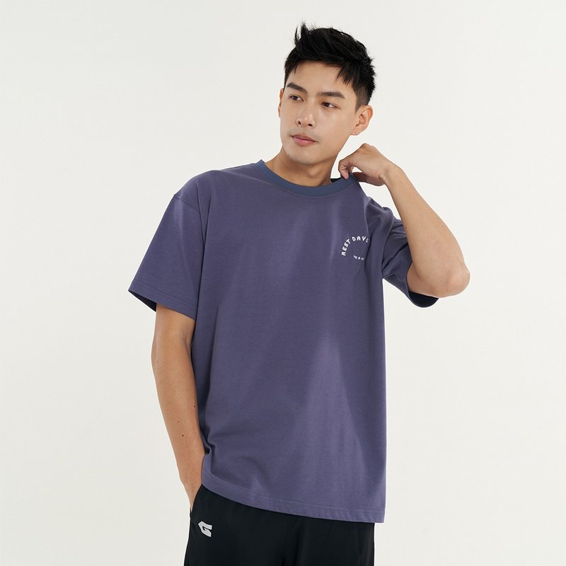 【GLADE.】Rest Day heavyweight wide embroidered short-sleeved top (denim blue) - เสื้อยืดผู้ชาย - ผ้าฝ้าย/ผ้าลินิน สีน้ำเงิน