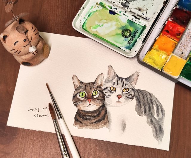 二匹の動物）手描き動物画、動物水彩画、肖像画、記念画、ヤン風画、非