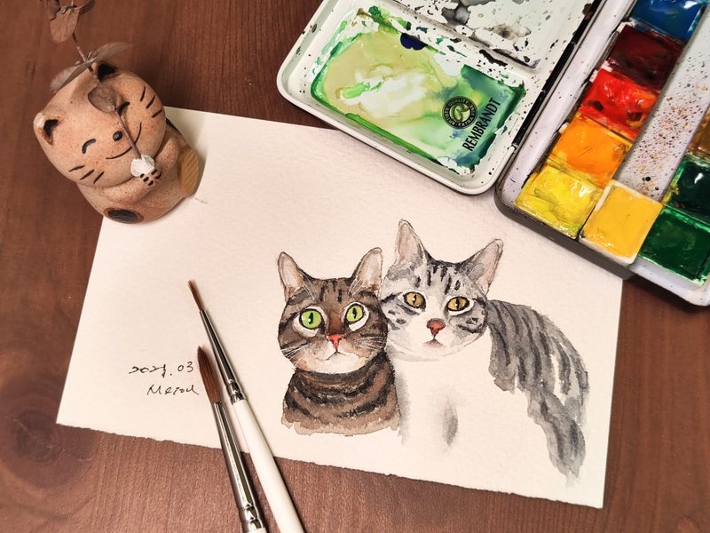 (Two animals) hand-painted animal paintings, animal watercolor paintings, portraits, commemorative paintings, Yan-like paintings, non-electronic paintings - ของวางตกแต่ง - กระดาษ สีเงิน