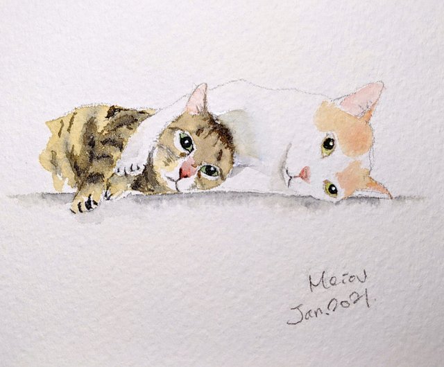 二匹の動物）手描き動物画、動物水彩画、肖像画、記念画、ヤン風画、非