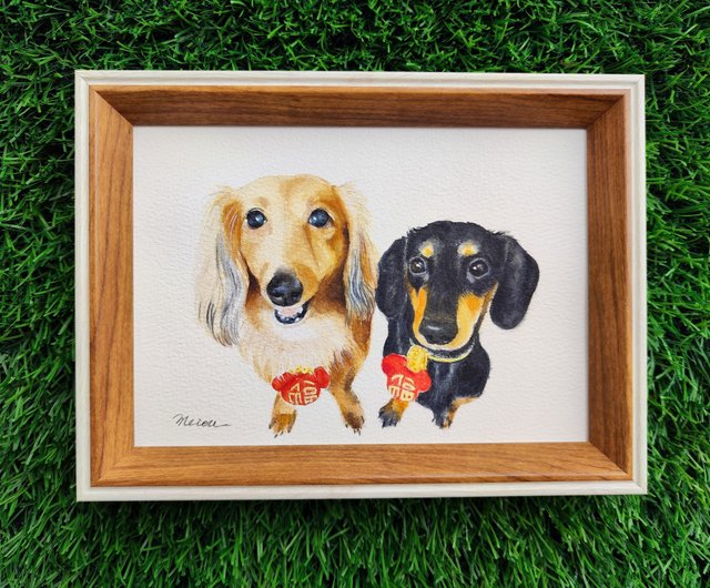 二匹の動物）手描き動物画、動物水彩画、肖像画、記念画、ヤン風画、非