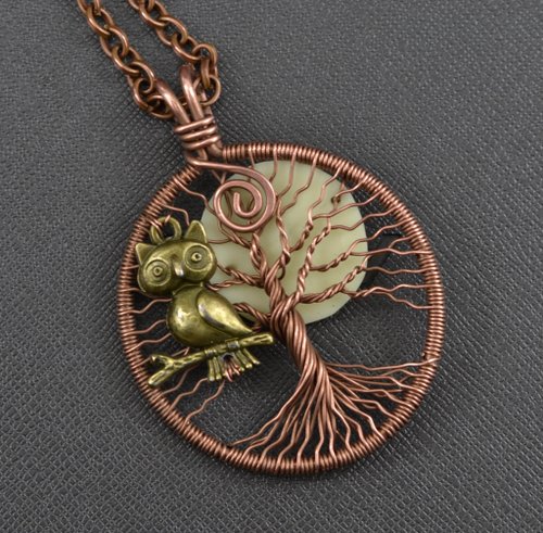 CopperWoodStore Handmade copper Owl in tree and Glow in the Dark full moon necklace pendant