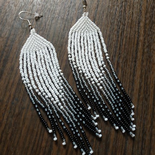 White Bird gallery of exquisite jewelry from Halyna Nalyvaiko Long seed bead Fringed boho earrings Black dainty earrings with fringe Contempor