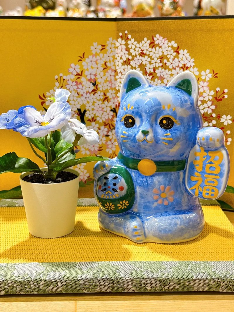 【青色招福】日本清水燒招財貓 | 達摩花結晶 - 青招福 - 擺飾/家飾品 - 瓷 藍色