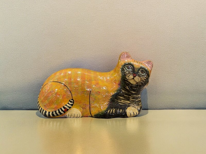 Handmade lacquer paper ware painted cat ornaments from Kashmir, India - black and orange striped cat - Items for Display - Wood Orange