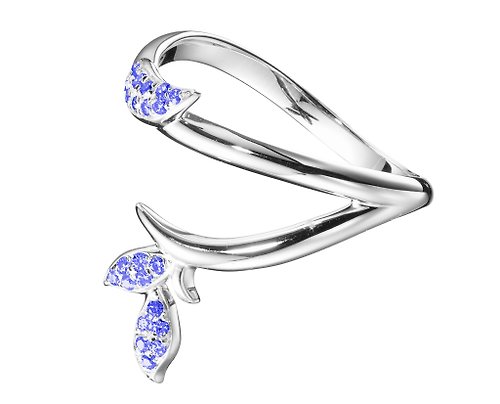 Majade Jewelry Design 密釘鑲藍寶石14k白金結婚戒指 另類植物訂婚戒指 非傳統樹枝戒指