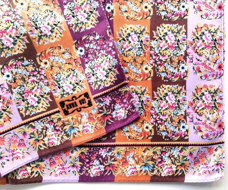 Anna Sui Vintage Handkerchief Floral 19 x 19 inches - 手帕 - 棉．麻 咖啡色