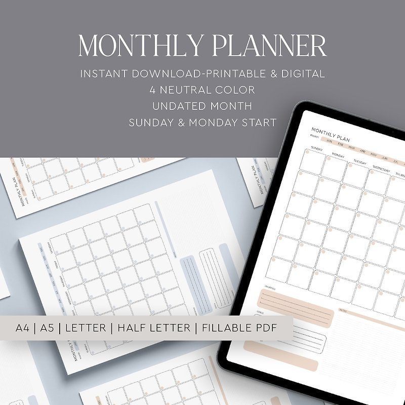 Monthly Printable and Electronic Planner, Undated Planner, Goodnotes - 筆記簿/手帳 - 其他材質 