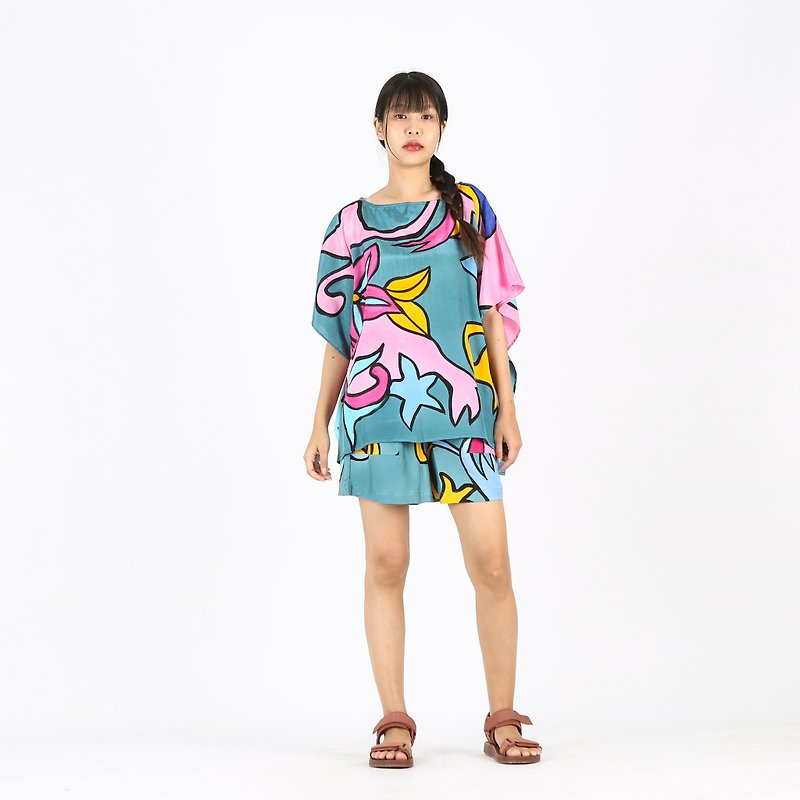 Poncho Blouse Cotton Silk Hand Painted for Summer - 女裝 上衣 - 棉．麻 藍色