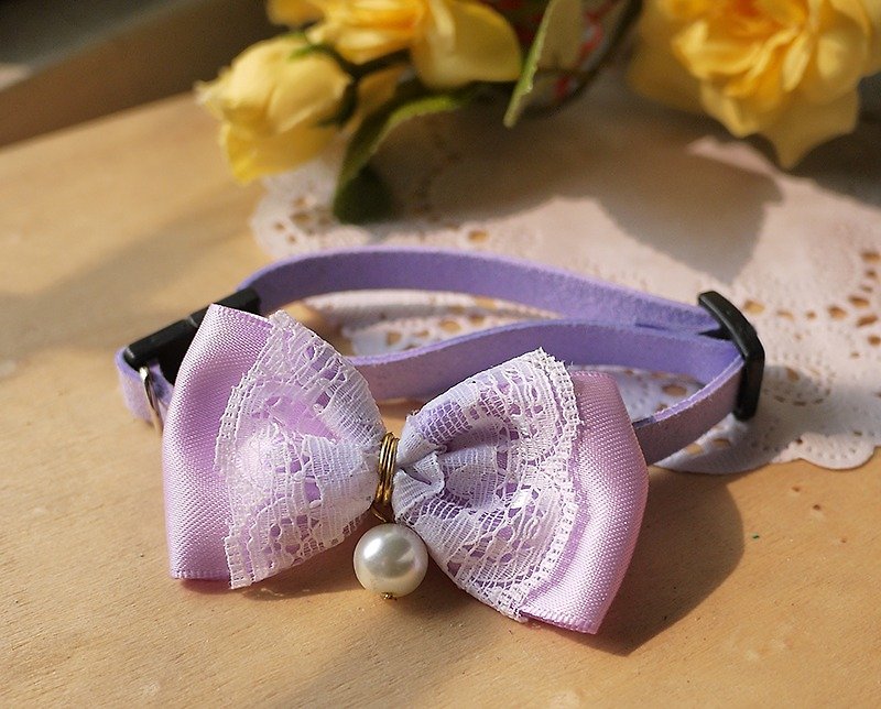 "Lavender Purple" lace small pearl bow ribbon ︱ safe hand-made cat and dog pet collars/collars/hair accessories ♥Cherry Pudding♥ - Collars & Leashes - Cotton & Hemp Blue