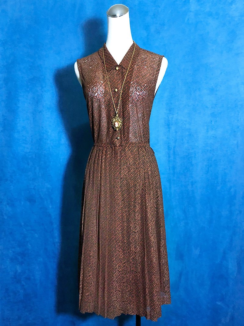 Lace striped sleeveless vintage dress / brought back to VINTAGE abroad - ชุดเดรส - เส้นใยสังเคราะห์ สีนำ้ตาล