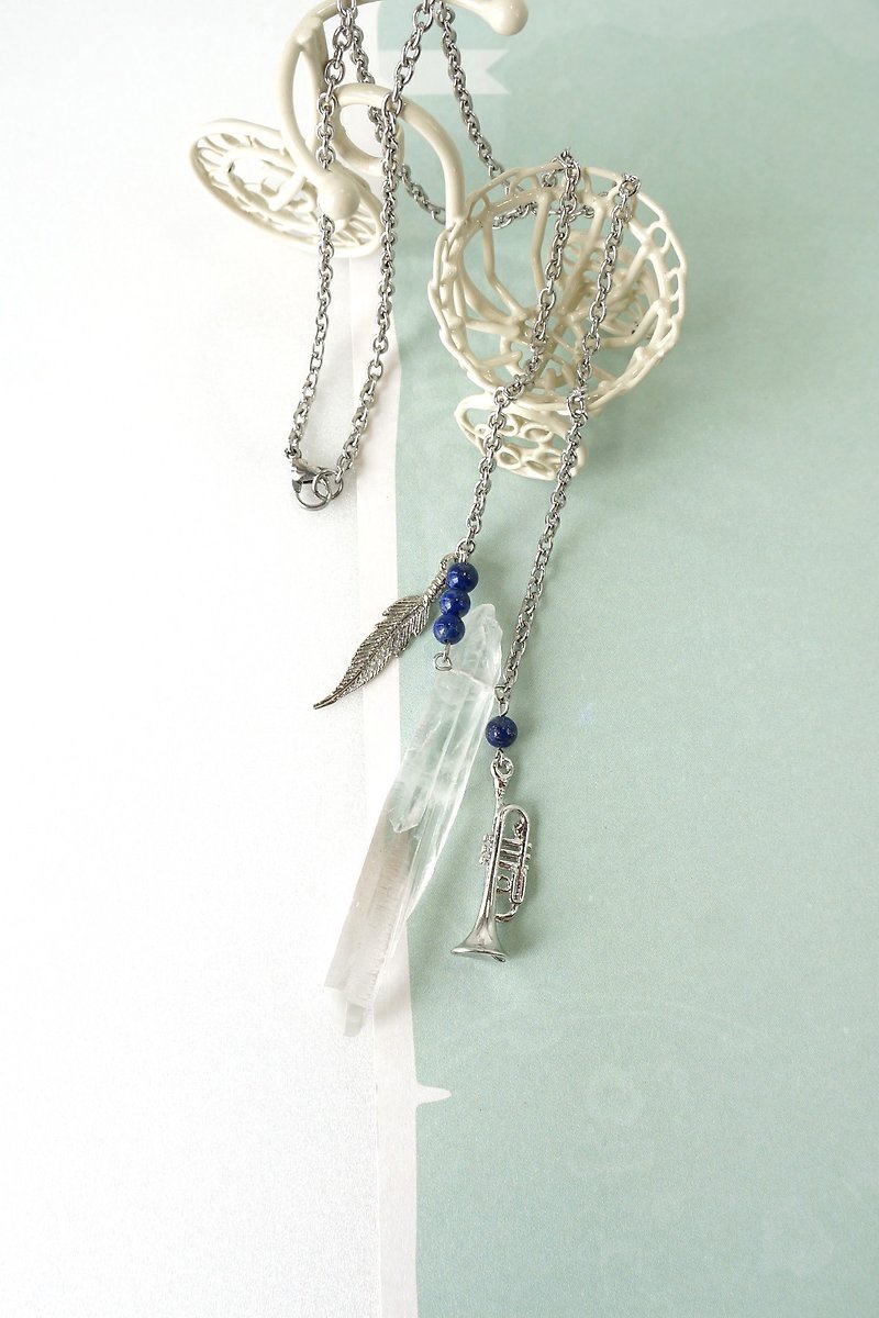 Raw Natural Long Rock Crystal Necklace with Trumpet and Feather Charm - Necklaces - Other Metals White