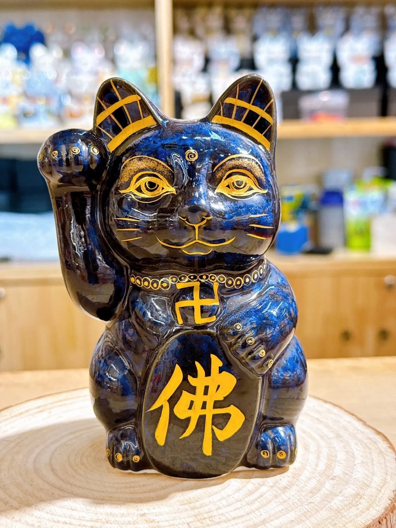 【靈喵守心】日本清水燒招財貓 | 青墨 - 佛貓 右 - 擺飾/家飾品 - 瓷 藍色