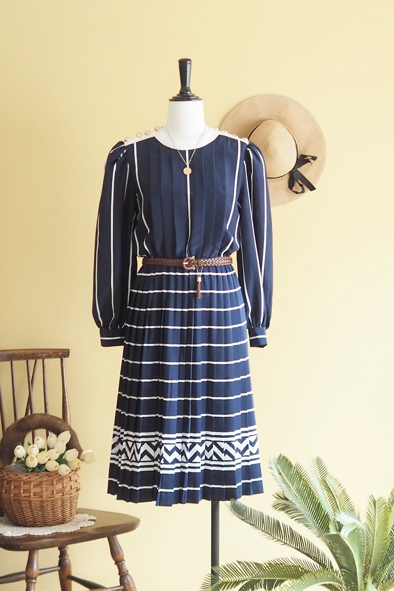VINTAGE Navy dress, Stripe pattern, size L - One Piece Dresses - Polyester Blue