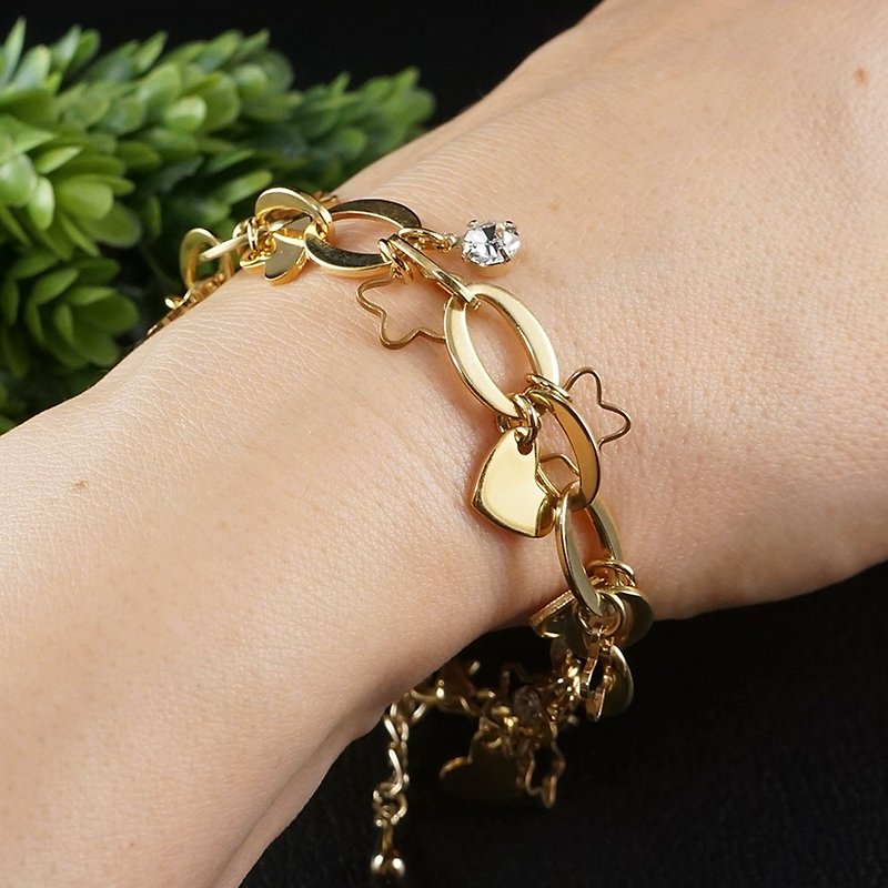 Golden Heart Star Swarovski Crystal Charm Large Chain Bracelet Woman Jewelry - Bracelets - Other Metals Gold