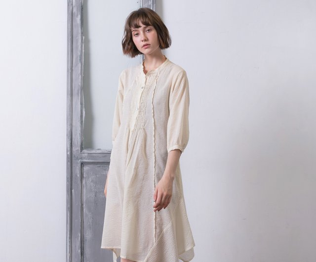 Pleated 3/4 length sleeve 2 way dress - Pearly white - Shop raw