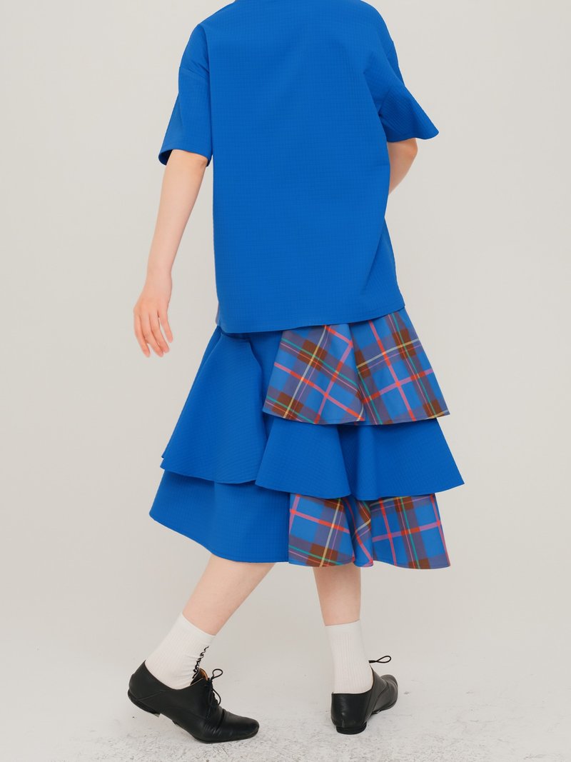 Blue plaid patterned multi-layered skirt cake skirt - กระโปรง - ไฟเบอร์อื่นๆ สีน้ำเงิน