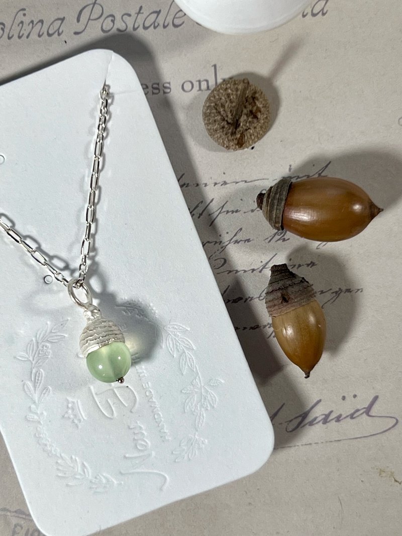 Sterling Silver Oak Stone Hat Prehnite Silver925 Necklace/Clavicle Chain - สร้อยคอ - เงินแท้ สีเขียว