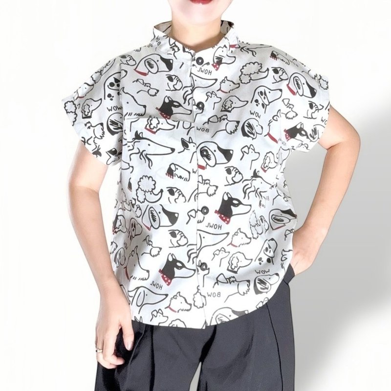 Cottontwil top shirt, กนเ pattern oversized drop shoulder chinese collar - 女襯衫 - 棉．麻 多色