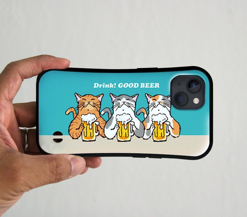 グリップiPhoneケース　猫たちがビールで乾杯　ターコイズ - 手機殼/手機套 - 塑膠 藍色