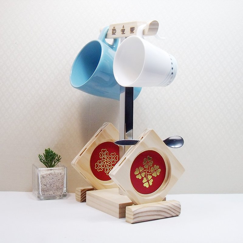 Birthday Wishes Clover Clover Coaster Gift Box Wen Qing Loves Coffee Small Things Mom Loves - Items for Display - Wood Red