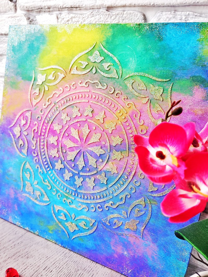 Mandala of Guru and Spiritual Succession Textured painting on plywood meditation - Wall Décor - Wood Blue