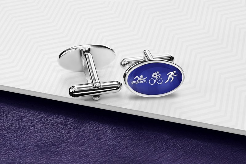 Sports Cufflinks, Triathlon Cufflinks Engraved, Ironman Cufflinks, Gift for dad - กระดุมข้อมือ - เงินแท้ สีน้ำเงิน