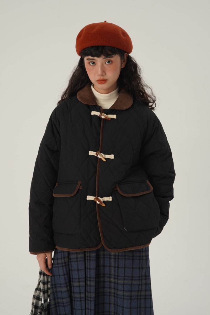 odd maker 兩色菱格棉服女冬季新款復古牛角扣設計感百搭小眾上衣 - 女上衣/長袖上衣 - 棉．麻 